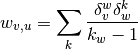 w_{v,u} = \sum_k \frac{\delta_{v}^{w} \delta_{w}^{k}}{k_w - 1}